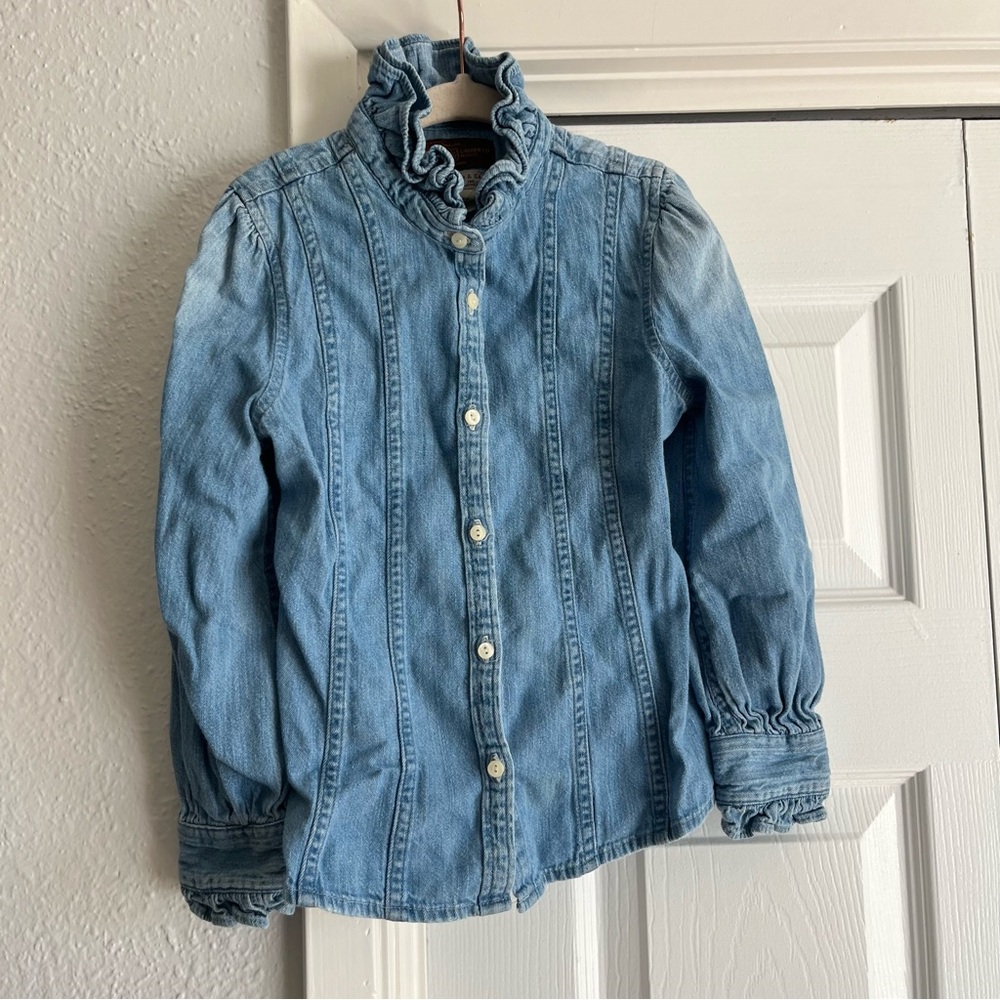 Ralph Lauren girls denim button down ruffle shirt